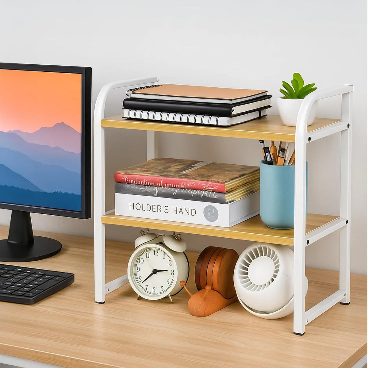 Desktop Shelf Organizer Office Desk Shelf for Top of Desk Wood & Metal Bookshelf Supplies Storage Rack (White)