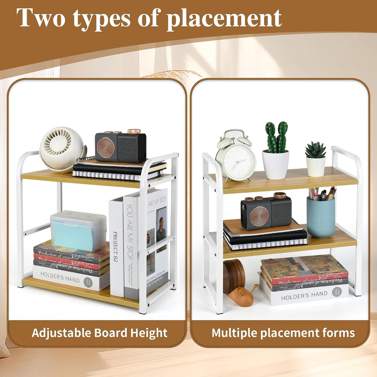 Desktop Shelf Organizer Office Desk Shelf for Top of Desk Wood & Metal Bookshelf Supplies Storage Rack (White)
