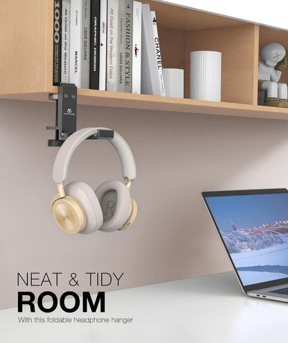New Foldable Headphone Stand Hanger Holder Aluminum Headset Soundbar Stand Clamp Hook Under Desk Space Save Mount, Universal Fit Gaming Headphones, Black