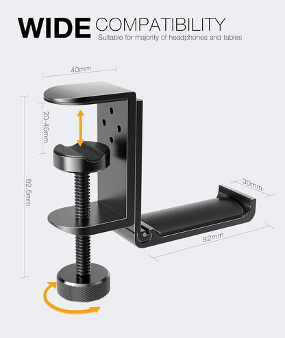 New Foldable Headphone Stand Hanger Holder Aluminum Headset Soundbar Stand Clamp Hook Under Desk Space Save Mount, Universal Fit Gaming Headphones, Black