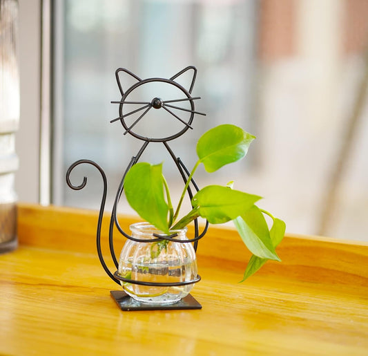 Desktop Cat Planter Propagation Station, Glass Vase Metal Stand