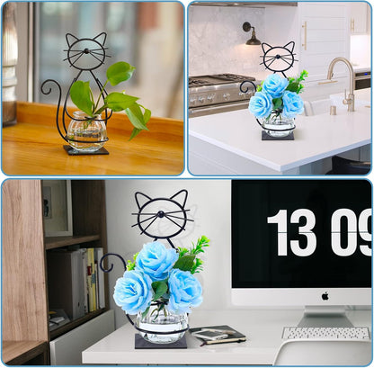 Desktop Cat Planter Propagation Station, Glass Vase Metal Stand