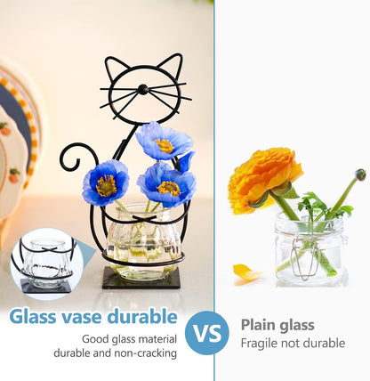 Desktop Cat Planter Propagation Station, Glass Vase Metal Stand