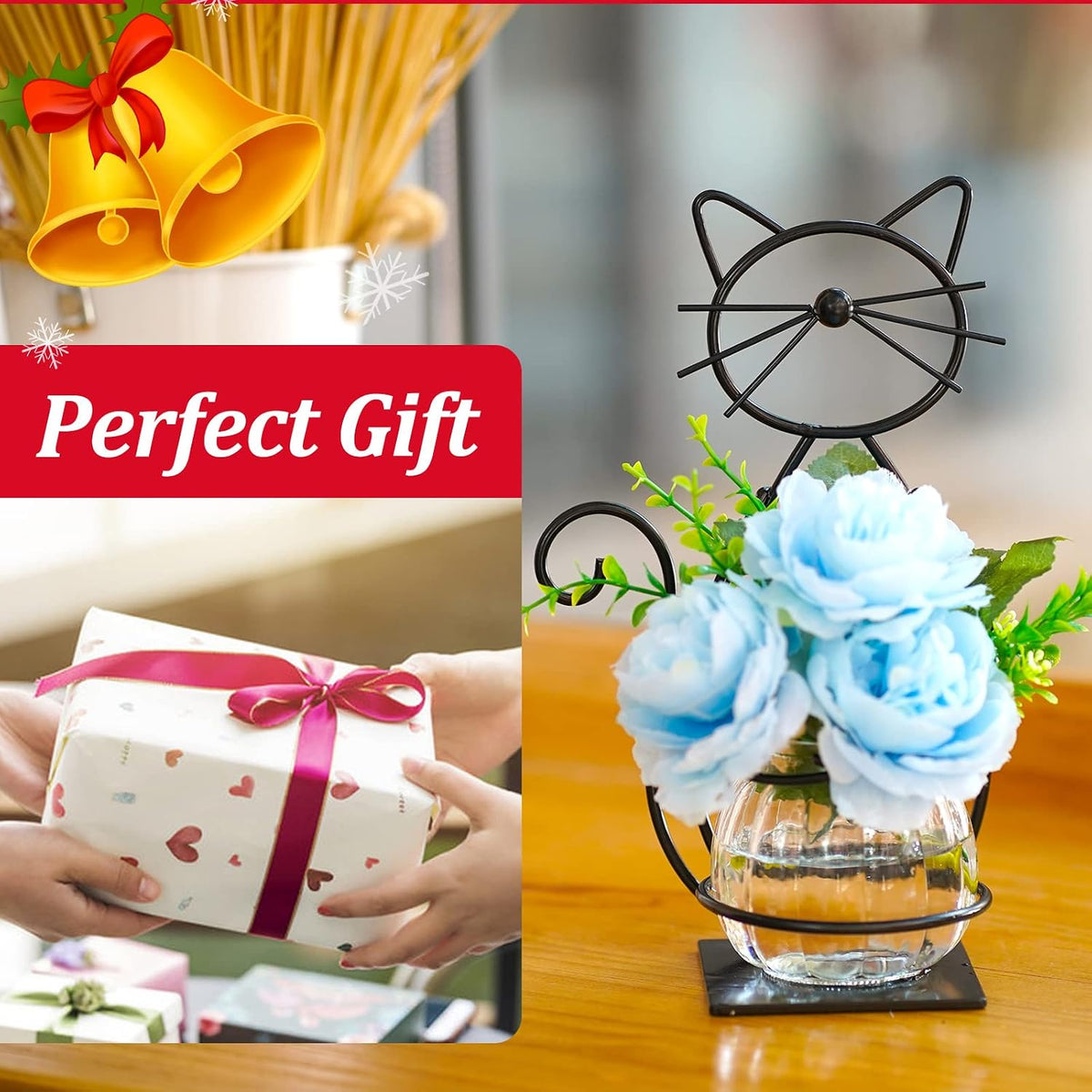 Desktop Cat Planter Propagation Station, Glass Vase Metal Stand
