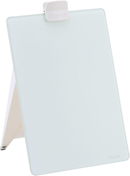 Dry Erase White Board 9"W x 11"H Desktop Glass Pad with Removable Clip and Marker, White (GDE119)