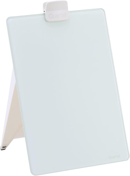 Dry Erase White Board 9"W x 11"H Desktop Glass Pad with Removable Clip and Marker, White (GDE119)