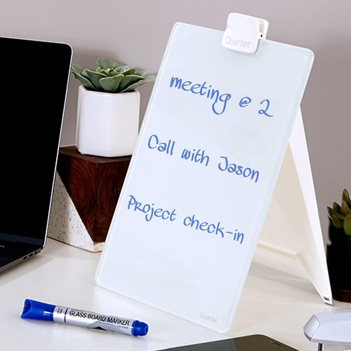 Dry Erase White Board 9"W x 11"H Desktop Glass Pad with Removable Clip and Marker, White (GDE119)