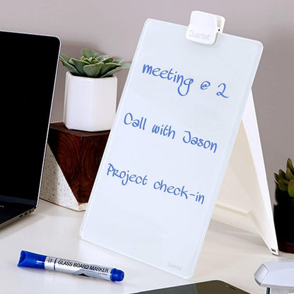 Dry Erase White Board 9"W x 11"H Desktop Glass Pad with Removable Clip and Marker, White (GDE119)