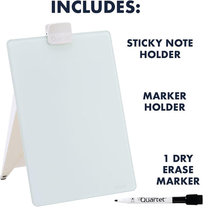 Dry Erase White Board 9"W x 11"H Desktop Glass Pad with Removable Clip and Marker, White (GDE119)