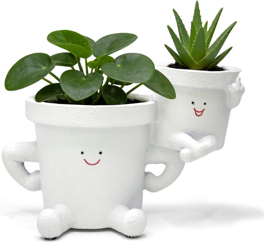 Smiling Plant Pot with Middle Fingers Up, Funny Succulent Flower Pot with Drainage, Resin Figure Planter Pots Indoor Outdoor Home Decor, Office Desk, Novelty Gardening Gift