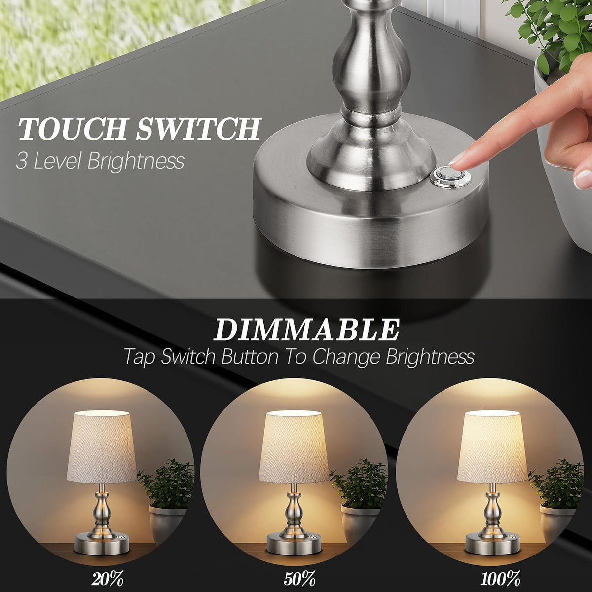 Mini Cordless LED Table Lamp, 5200mAh Rechargeable Battery Operated Lamp, 3-Level Brightness, Touch Dimmable Desk Lamp, Bedside Night Light for Patio Camping Restaurant Home, Antique Brass
