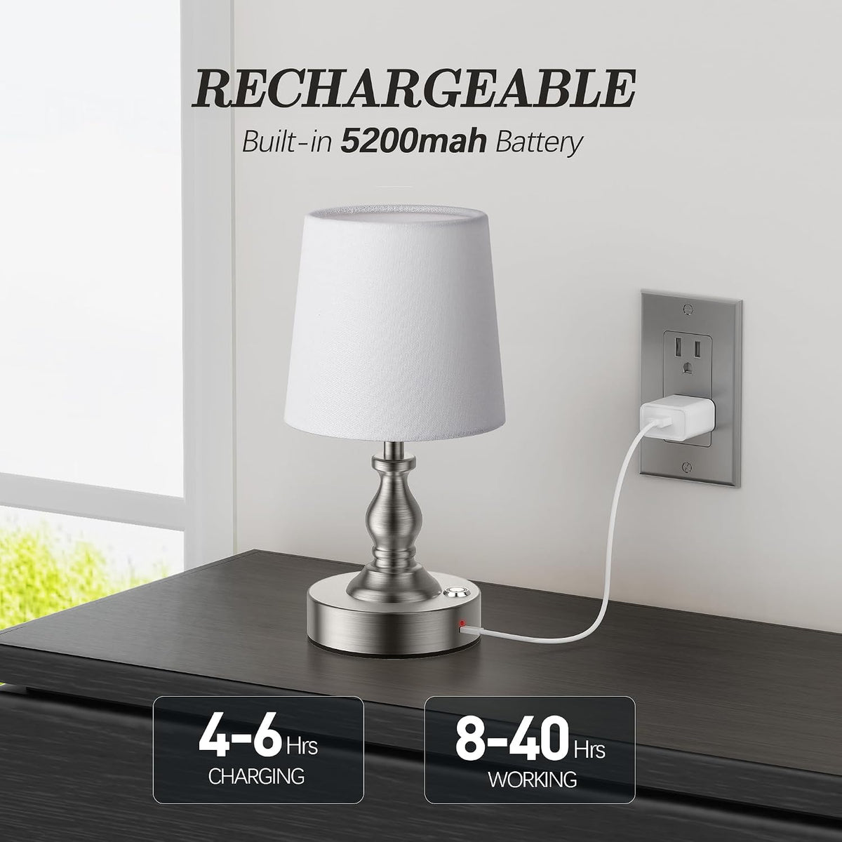 Mini Cordless LED Table Lamp, 5200mAh Rechargeable Battery Operated Lamp, 3-Level Brightness, Touch Dimmable Desk Lamp, Bedside Night Light for Patio Camping Restaurant Home, Antique Brass