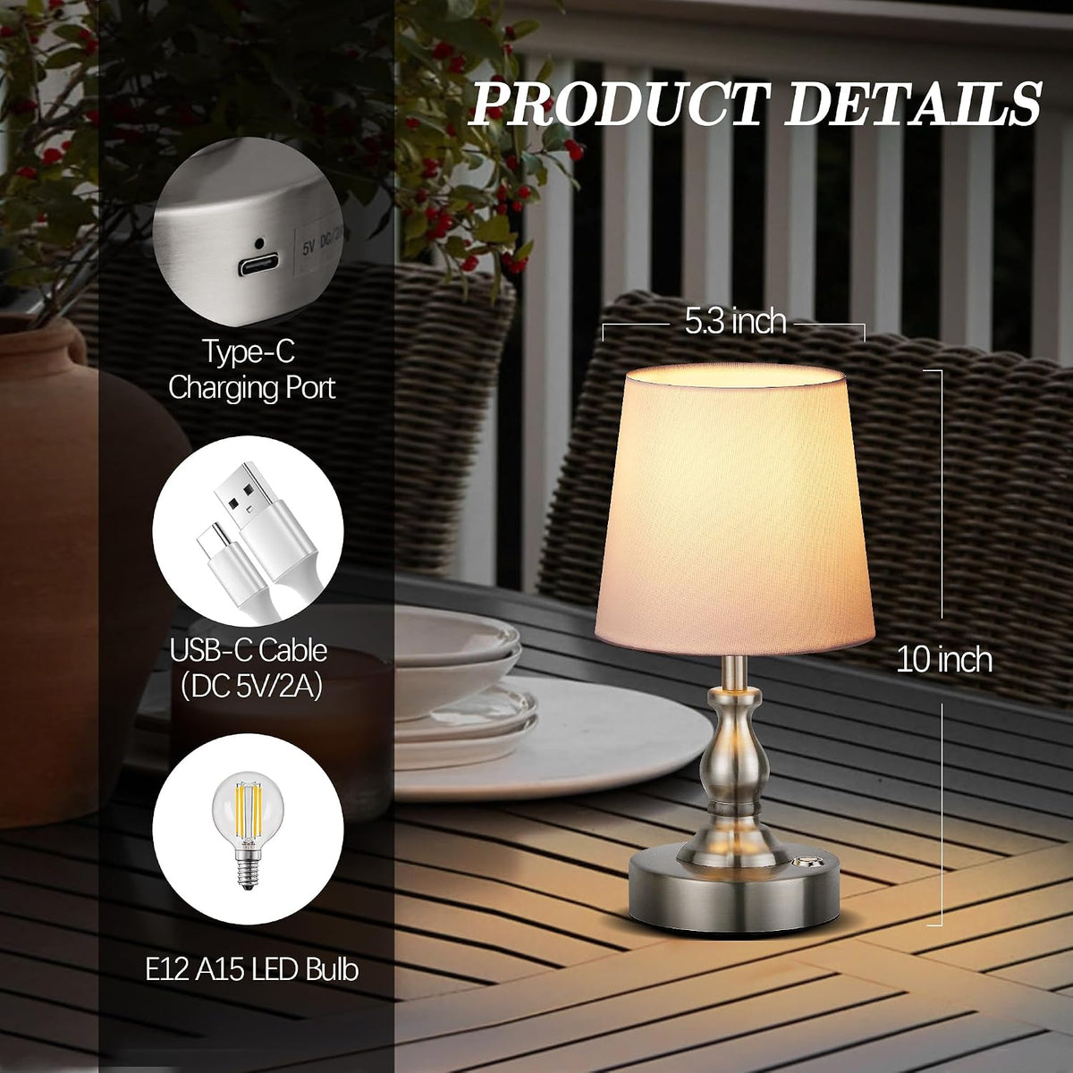 Mini Cordless LED Table Lamp, 5200mAh Rechargeable Battery Operated Lamp, 3-Level Brightness, Touch Dimmable Desk Lamp, Bedside Night Light for Patio Camping Restaurant Home, Antique Brass