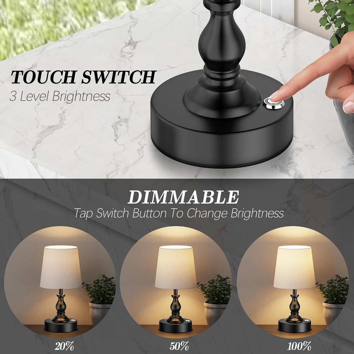 Mini Cordless LED Table Lamp, 5200mAh Rechargeable Battery Operated Lamp, 3-Level Brightness, Touch Dimmable Desk Lamp, Bedside Night Light for Patio Camping Restaurant Home, Antique Brass
