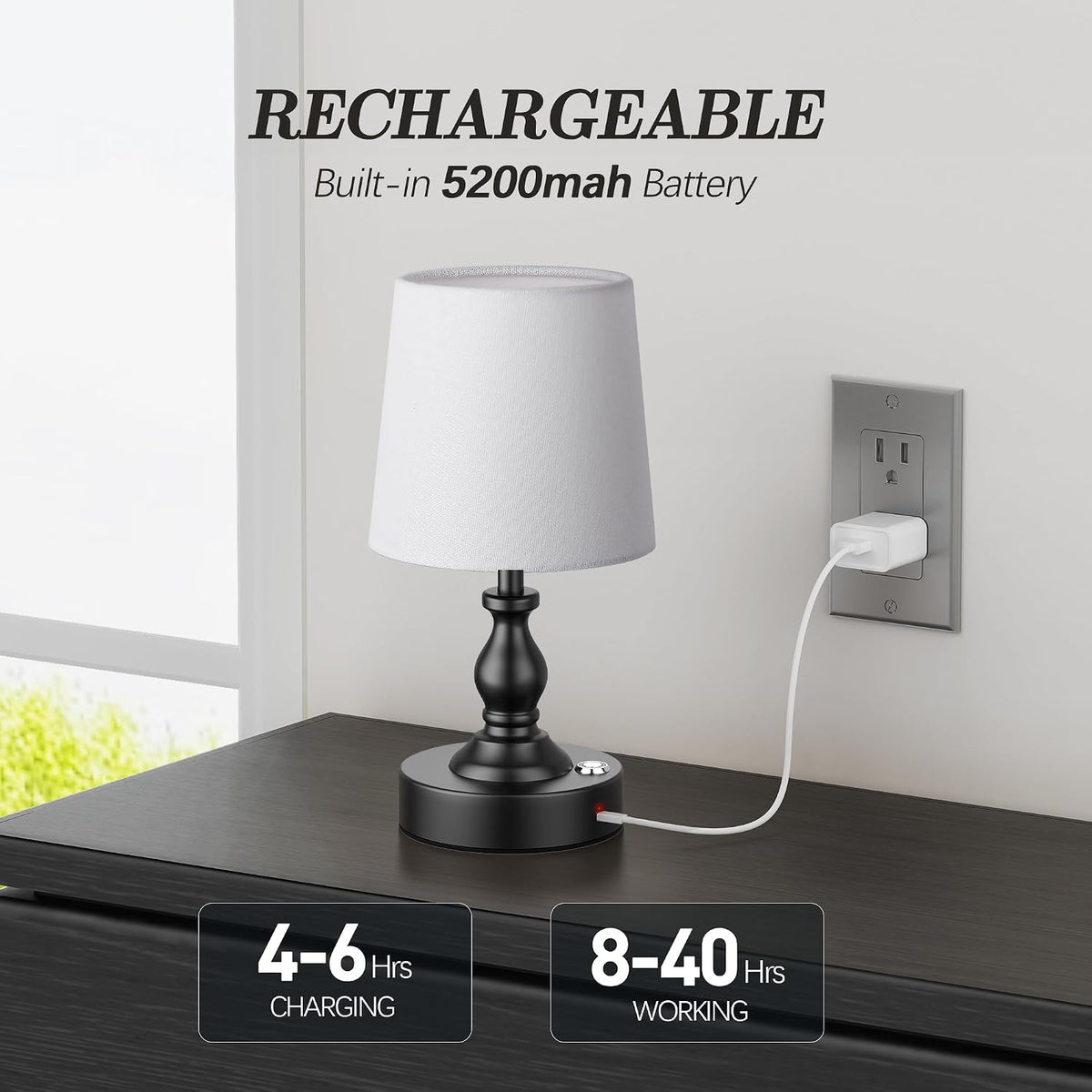 Mini Cordless LED Table Lamp, 5200mAh Rechargeable Battery Operated Lamp, 3-Level Brightness, Touch Dimmable Desk Lamp, Bedside Night Light for Patio Camping Restaurant Home, Antique Brass