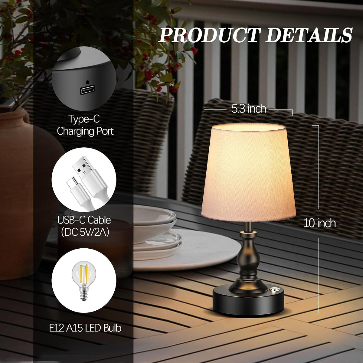 Mini Cordless LED Table Lamp, 5200mAh Rechargeable Battery Operated Lamp, 3-Level Brightness, Touch Dimmable Desk Lamp, Bedside Night Light for Patio Camping Restaurant Home, Antique Brass