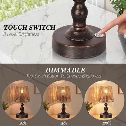 Mini Cordless LED Table Lamp, 5200mAh Rechargeable Battery Operated Lamp, 3-Level Brightness, Touch Dimmable Desk Lamp, Bedside Night Light for Patio Camping Restaurant Home, Antique Brass