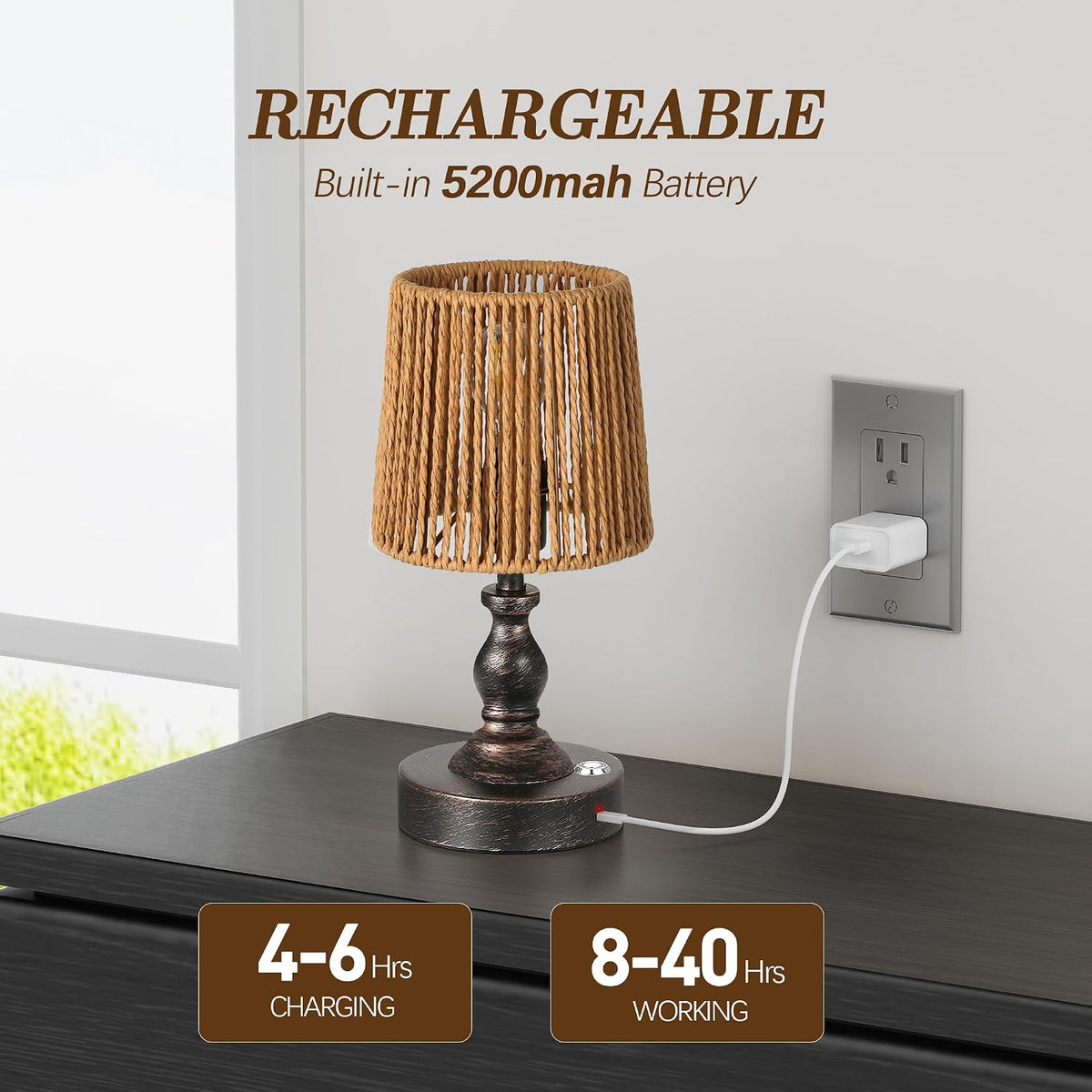 Mini Cordless LED Table Lamp, 5200mAh Rechargeable Battery Operated Lamp, 3-Level Brightness, Touch Dimmable Desk Lamp, Bedside Night Light for Patio Camping Restaurant Home, Antique Brass