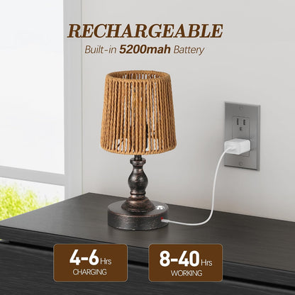 Mini Cordless LED Table Lamp, 5200mAh Rechargeable Battery Operated Lamp, 3-Level Brightness, Touch Dimmable Desk Lamp, Bedside Night Light for Patio Camping Restaurant Home, Antique Brass