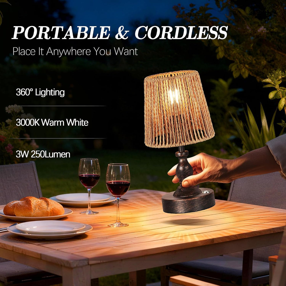Mini Cordless LED Table Lamp, 5200mAh Rechargeable Battery Operated Lamp, 3-Level Brightness, Touch Dimmable Desk Lamp, Bedside Night Light for Patio Camping Restaurant Home, Antique Brass