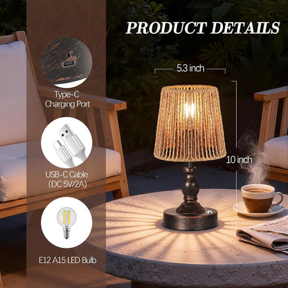 Mini Cordless LED Table Lamp, 5200mAh Rechargeable Battery Operated Lamp, 3-Level Brightness, Touch Dimmable Desk Lamp, Bedside Night Light for Patio Camping Restaurant Home, Antique Brass