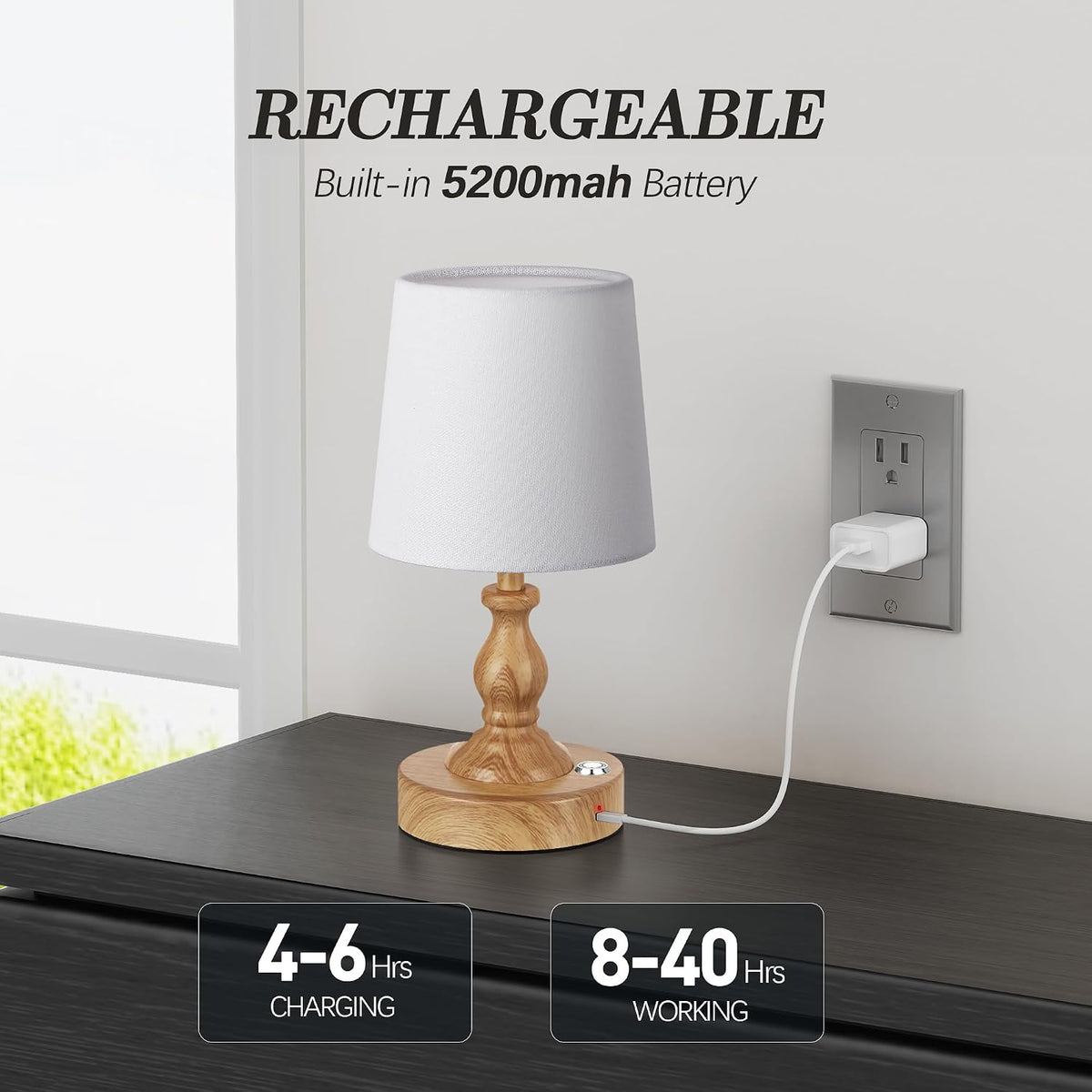 Mini Cordless LED Table Lamp, 5200mAh Rechargeable Battery Operated Lamp, 3-Level Brightness, Touch Dimmable Desk Lamp, Bedside Night Light for Patio Camping Restaurant Home, Antique Brass