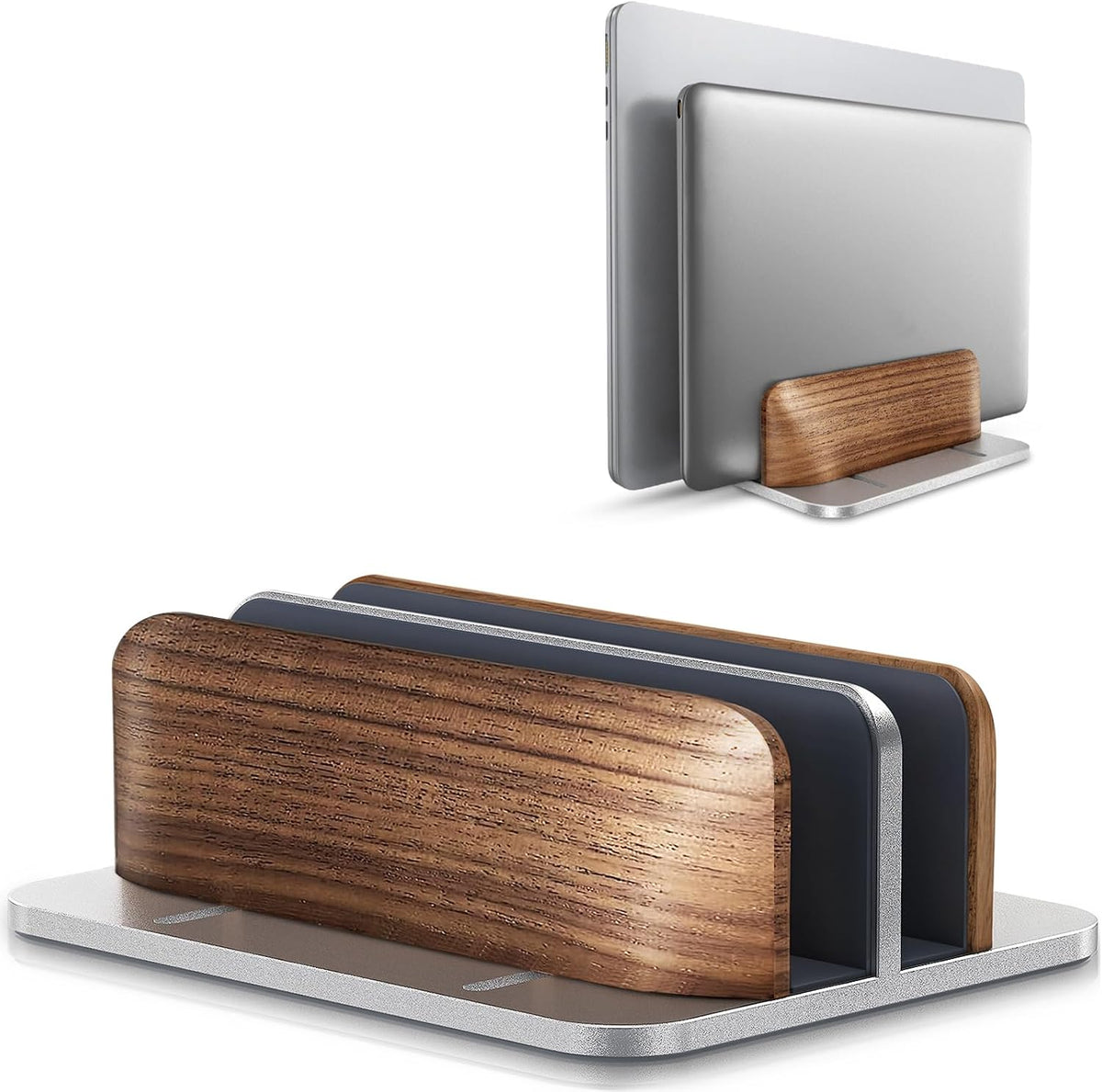 Vertical Laptop Stand, Dual Slot Wooden + Aluminum Laptop Holder