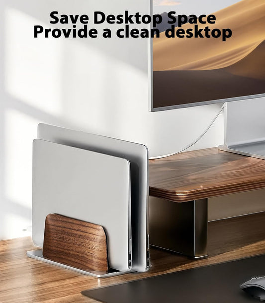 Vertical Laptop Stand, Dual Slot Wooden + Aluminum Laptop Holder