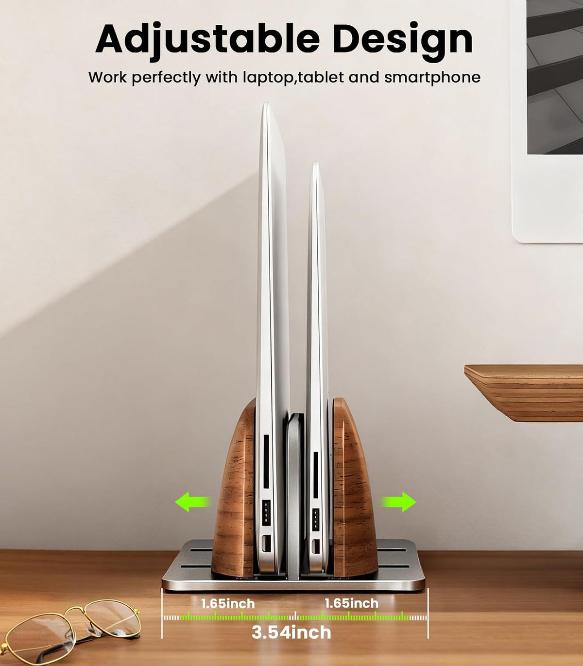Vertical Laptop Stand, Dual Slot Wooden + Aluminum Laptop Holder