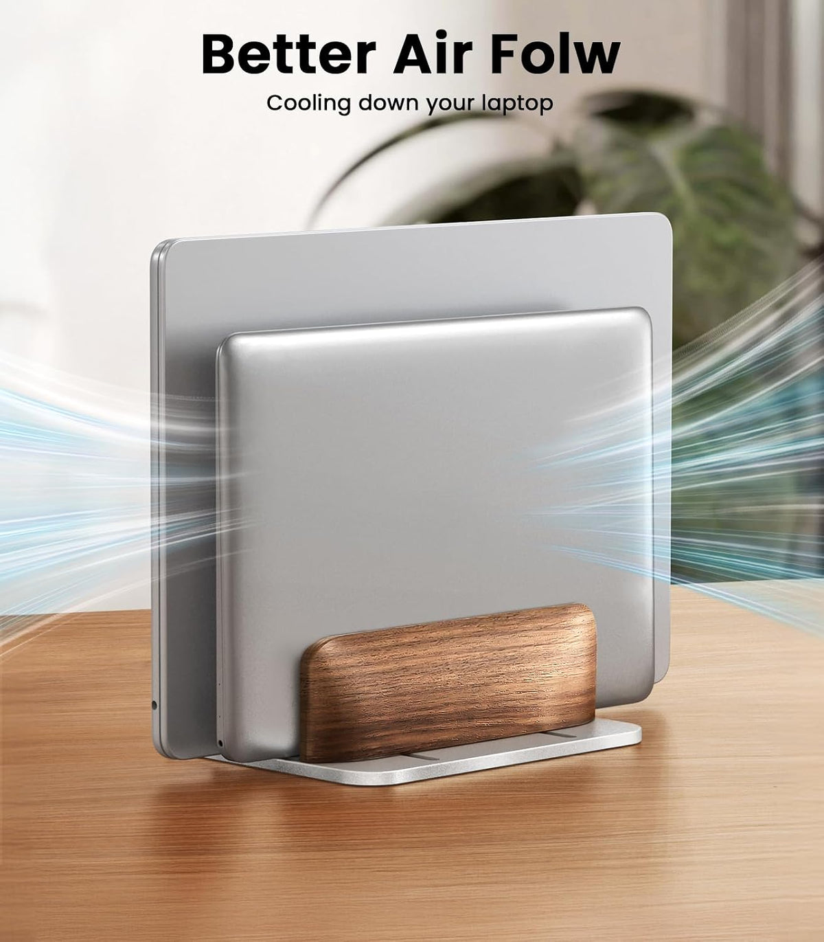 Vertical Laptop Stand, Dual Slot Wooden + Aluminum Laptop Holder