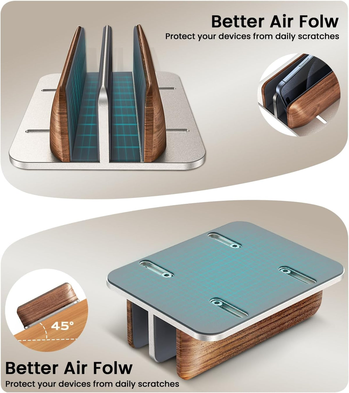 Vertical Laptop Stand, Dual Slot Wooden + Aluminum Laptop Holder
