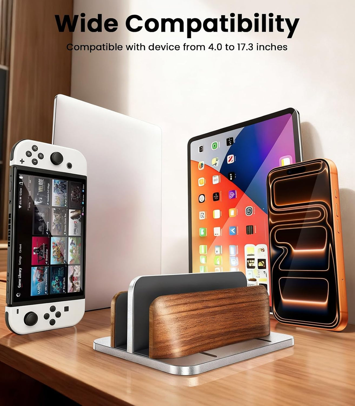 Vertical Laptop Stand, Dual Slot Wooden + Aluminum Laptop Holder