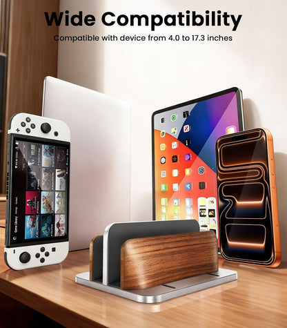 Vertical Laptop Stand, Dual Slot Wooden + Aluminum Laptop Holder