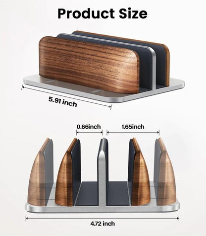 Vertical Laptop Stand, Dual Slot Wooden + Aluminum Laptop Holder