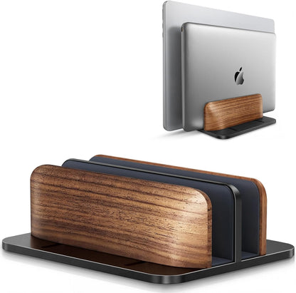 Vertical Laptop Stand, Dual Slot Wooden + Aluminum Laptop Holder