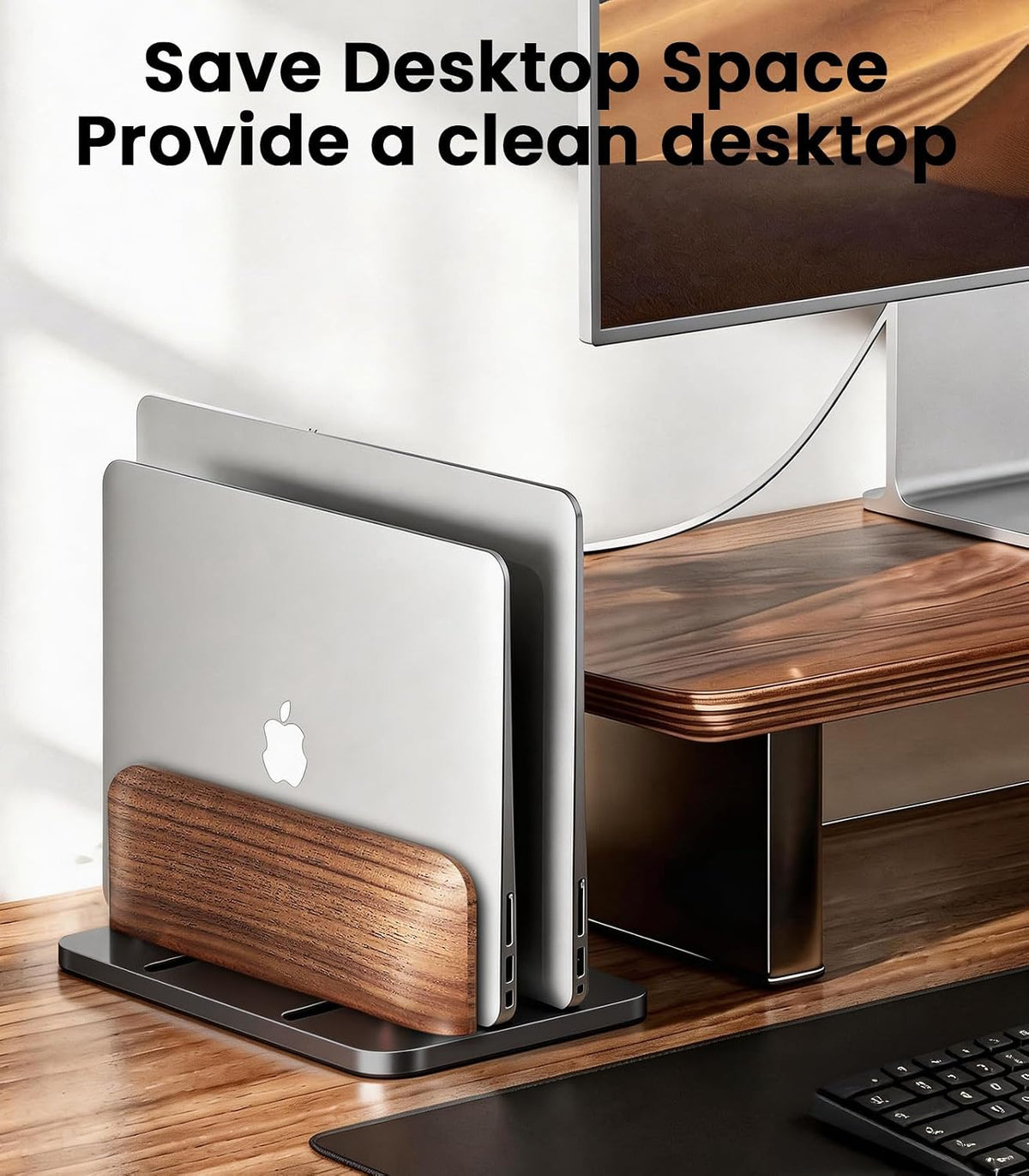 Vertical Laptop Stand, Dual Slot Wooden + Aluminum Laptop Holder