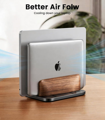 Vertical Laptop Stand, Dual Slot Wooden + Aluminum Laptop Holder