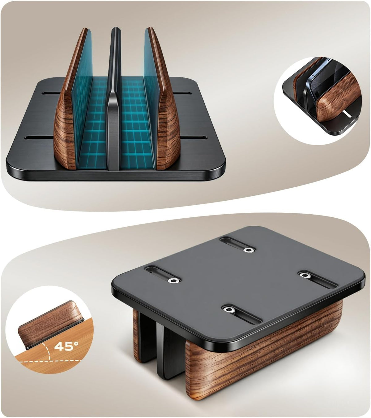Vertical Laptop Stand, Dual Slot Wooden + Aluminum Laptop Holder