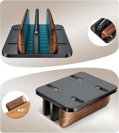 Vertical Laptop Stand, Dual Slot Wooden + Aluminum Laptop Holder