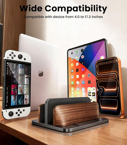 Vertical Laptop Stand, Dual Slot Wooden + Aluminum Laptop Holder