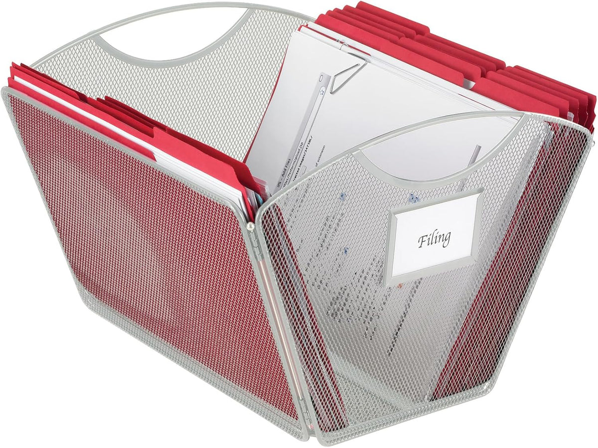 Safco Onyx Mesh Letter-Size Desktop Tub Filer, Durable Steel Mesh Construction, Collapsible For Compact Storage, Integrated Handles, Silver