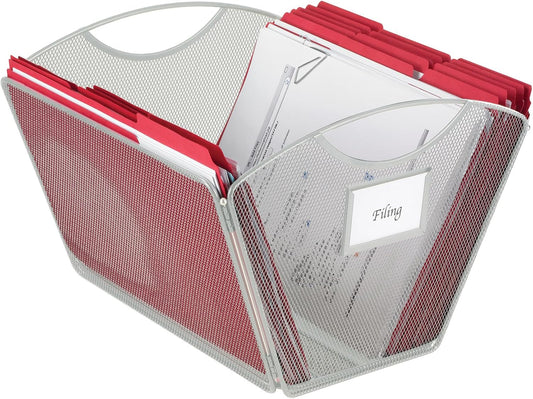 Safco Onyx Mesh Letter-Size Desktop Tub Filer, Durable Steel Mesh Construction, Collapsible For Compact Storage, Integrated Handles, Silver