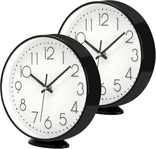 2 Pack Table Clock on Stand, 8 Inch Vintage Silent Non-Ticking Wall Clock Decorative Battery Operated Quartz Analog Clocks for Desk, Table, Office, Study, Kitchen, Living Room, Bedroom, School