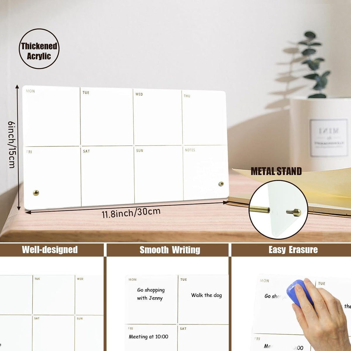 Weekly Planner Dry Erase Board for Desk,Acrylic Desktop Weekly Planner Whiteboard with Stand,12"X6"-Small, Dry Erase Weekly to Do List White Board for Home Office School-ZMZL-W-1530