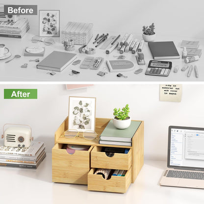 Bamboo Desk Organizer with Drawers, Desktop Storage for Office Supplies