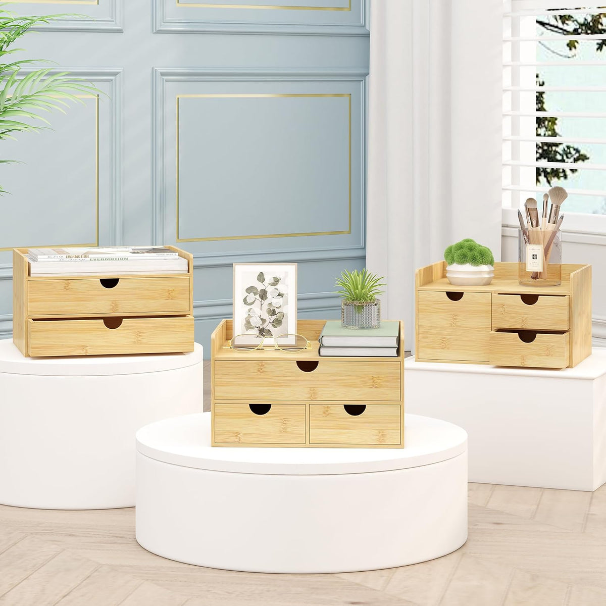 Bamboo Desk Organizer with Drawers, Desktop Storage for Office Supplies