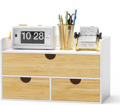 Bamboo Desk Organizer with Drawers, Desktop Storage for Office Supplies