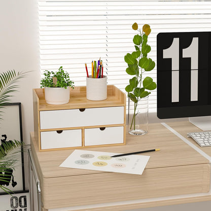 Bamboo Desk Organizer with Drawers, Desktop Storage for Office Supplies