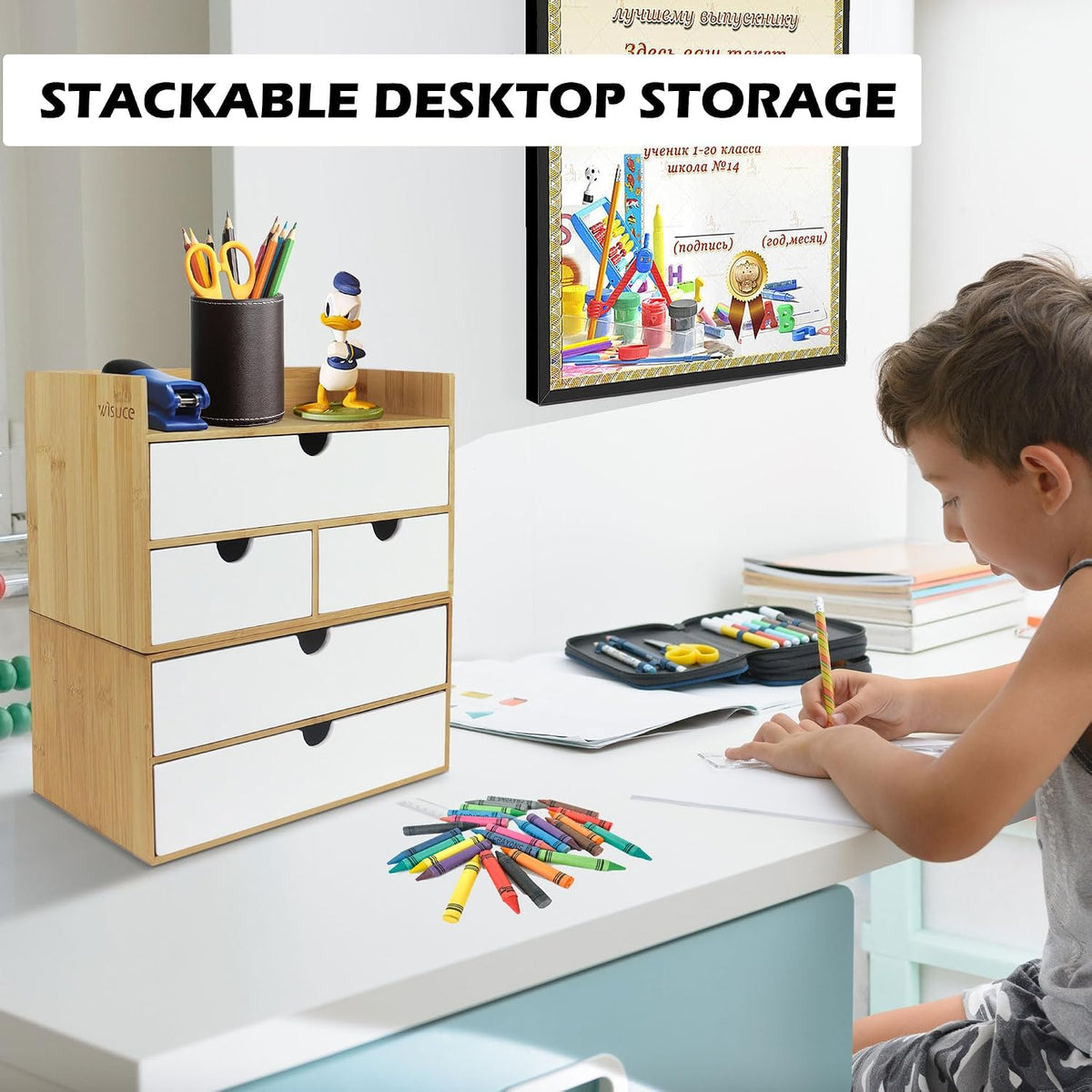 Bamboo Desk Organizer with Drawers, Desktop Storage for Office Supplies