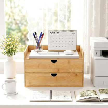 Bamboo Desk Organizer with Drawers, Desktop Storage for Office Supplies
